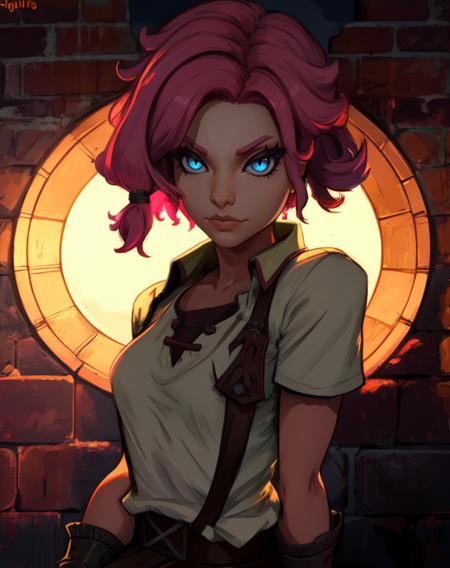 Meave.solo.short pink hair with a hair knot, slit pupils,  blue eyes, 
  serious,  
brick wall, nighttime,  outside, in a circle of light, dark corners, 
(insanely detailed, beautiful detailed face, masterpiece, best quality) fantasy, <lora:meave-10v7:0.8>