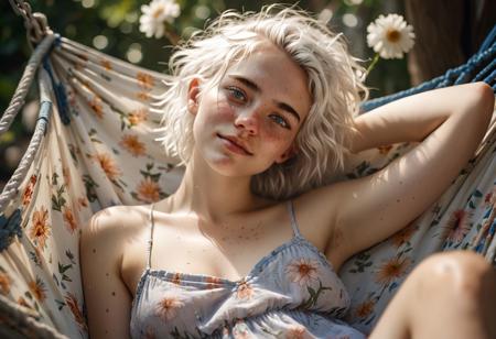 natural light photography, great lighting, a hyper realistic young woman with short messy white hair, lying in a hammock, wearing a flowery sundress, freckles, light smile, blue eyes, perfect eyes, medium breasts, (cleavage), (hairy armpits),