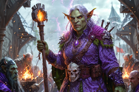 bioluminescent, an orc chieftain with graying hair, green skin, wearing a fur cloak with bone trophies, holding a warhammer, solo, from the Ironjaw Clan, with iron armor pieces and black tattoos, an orc war tent with leather walls, weapon racks, maps on a table, detailed background, crafting arrows, fletching feathers, enraged, baring teeth, wide shot, a fishing contest with orcs spearing fish, river splashing, crowds cheering, a wooden walking stick, nearby, on a riverbank, wet stones, overcast, gray clouds, dim light, cool air, evening, orange and purple sky, cooling air, soft light, best quality, vibrant colors, photorealistic style, high detail, high-definition, hyper-realistic, extremely high-resolution details, fine texture, incredibly lifelike, realistic, not cartoon, not drawing, highres, 4K resolution, source photo, realistic photo, masterpiece, best quality, amazing quality, very aesthetic, ultra-detailed, detailed textures, natural lighting, soft lighting, plains yellow tones, golden yellows and greens, storm light, dramatic lightning flashes, overhead shot, <lora:Mystic_Lumina_r1-000007:0.9>