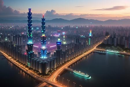 excellent photo of a mixed futuristic city Skyline: A Taiwanese city skyline with many by massive East Asian-style arcology structures, (Taipei:1.5), (east asia:1.6), (arcology:1.5), vibrant colors, sustainable but also culturally aesthetic, powerfull style with epic dramatism, best quality, maximum quality, intricate details, ultrasahrp, ambient oclusion, realistic shadows, art by Bastien Lecouffe Deharme, 8k,masterpiece, <lora:add_detail:1> <lora:royta v1.1:0.4>8k perfect quality,