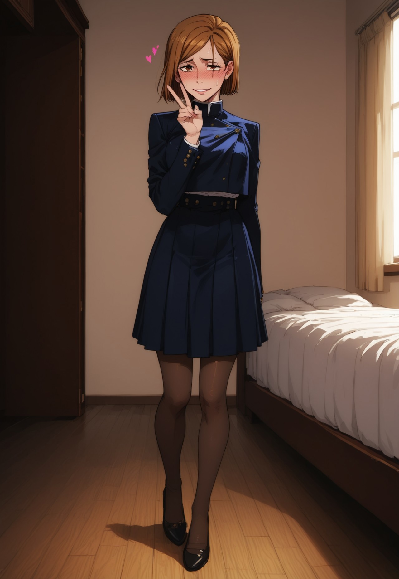 safe_pos, score_9, score_8_up, score_7_up,
Expressiveh, easynegative,
1 girl, solo,

kugisaki nobara, brown hair, brown eyes, black jacket, skirt, pantyhose,

pose, sexy, bedroom, sweat, floating hearts, v sign with one hand, nervous smile, full body, standing, defined eyes,