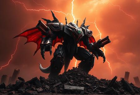 Diablo III inspired, a colossal red and black monster robot creature with arm cannons stands on a ruin pile. Above, a chaotic dark orange storm sky crackles with lightning bolts. Cinematic, dynamic action pose, captivating lighting, Octane render, Unreal Engine 5, trending on Artstation, highly detailed, impeccable composition, matte painting.