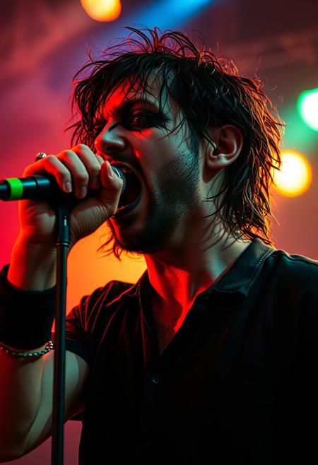 close up shot of a 90's dark punk rock front man screaming his song in the Mikrophon. Tens Muskels and veins on his arms and neck from the intense show. the shot is timed perfectly and the lights are spot on. Giving the scene a dramatic side rim lighting and a face in half shadow. Soft smoke from the smoke machines on the top of the tent is dramatically illuminated from the light show with red, green and blue lasers and strong warm spotlights. His shirt is wet from his sweat and his wet long curly hair sticks to his head and face. his make-up is painting a pure white face with pitch black lines around his completely black eyes and black lips. 
Shot with a full-frame DSLR, 85mm lens at f/1.8 for shallow depth of field, ISO 400, 1/100 shutter speed. Cold dimm light enhanced with slight post-processing contrast boost and neutral tone grading. balancing sci-fi horror with dark fantasy. dark gothic warhammer30k theme.de der beste post geworden,
