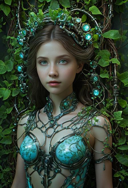 Hyperrealistic, cinematic high quality photo, photorealistic portrait, masterpiece, hybrid girl of floral and mechanical) elements, bioluminescent trees, glowing plants, lush foliage, intricate gears, surreal landscape, flowers intertwined with polished metal vines, High detail, 64k photography,close-up textures