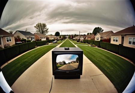 Score_9, score_8_up, score_7_up, (((surrealism))), surr, ((semi-realistic)), ((fish-eye lens)), a suburban street, (((the sky looks like analog TV static))), ((TV static sky)), people have come out into their gardens to stare blankly at the sky, something about the image is unsettling