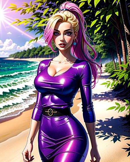 ((masterpiece), best quality, high quality, professional quality, highly detailed, highres, perfect lighting, natural lighting), (1girl, beautiful, medium breasts, (multicolored hair, blonde hair,pink hair,purple hair, long hair, high ponytail), perfecteyes eyes), (wearing leaf print, extremelyBeautiful_beautifulclotheswild/Extremely beautiful clothes), on the beach, walking the boardwalk, <lyco:locon_perfecteyes_v1_from_v1_64_32:0.6>