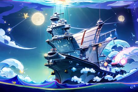 masterpiece, best quality, g1a2s,battleship,no humans,ocean, moon, star \(symbol\),