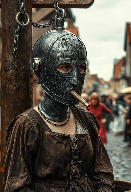 full height standing view, a women captive ith a very long neck is wearing a medieval close-fitting full face polished iron grill head casing in the form of a female head with many cut out decorative slits and closed in over her face and mouth and eyes, it fits closely to her head and neck like a second skin fully enclosing head and  face and  neck, the head casing has two projecting eyepieces in the form of long iron tubes and the iron neck casing is very tall  and there is an iron drinking tube coming from the iron panel covering her mouth, the casing is fastened with a padlock at the back of her head, (she is wearing a ragged medieval dress and there is a chain running from a ring at the top of her head to a ring on a wooden post:2.0), she is attempting to drink from a cattle trough through her drinking tube, in a busy town square