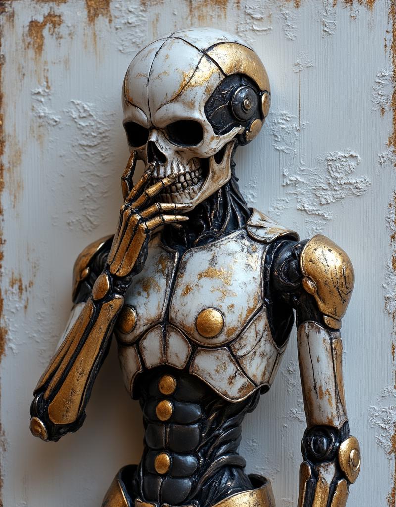  The image features a detailed and realistic depiction of a humanoid robot. The robot is painted in a realistic style, with an intricate texture that suggests a metallic skin, giving it a mechanical appearance. It stands upright with one hand resting on its chin, as if deep in thought or contemplation. The robot's face has been creatively altered; instead of the usual human-like features, this robot has been given a skull for a head, which is an interesting and unusual design choice. This artistic interpretation adds a layer of intrigue and complexity to the robot.

The background is minimalistic, with what appears to be a gray, textured wall that does not distract from the main subject. The image itself seems to have been created using traditional painting techniques, as indicated by the visible brushstrokes and texture variations. These elements contribute to the overall realistic aesthetic of the artwork. 

The robot's pose and expression give it a sense of personality and emotion, which is not commonly associated with robots. This suggests that the artist may have intended to explore themes of humanity, emotion, and the intersection between technology and human-like qualities. The image could be interpreted as a reflection on the potential for machines to exhibit traits reminiscent of humans or as a commentary on artificial intelligence and its capabilities. 