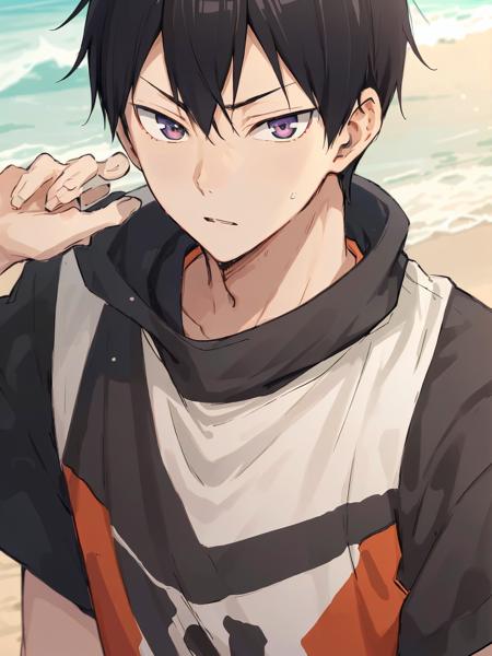 <lora:TobioKageyama:0.6>,high res, Tobio Kageyama ,haikyuu!!, black hair, solo, 1boy, male, outside, detailed eyes, close up, beach volleyball, full face