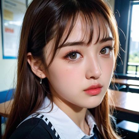 8k,hdr, beautiful, cute, masterpiece, (best quality:1.5), (realistic:1.5),(photorealistic:1.5),ultra detailed, detailed face, realistic face, (realistic skin:1.37), (intricate:1.5), woman, solo, blunt bangs, pale skin, (close-up photo:1), portrait photo, perfect lighting, (school uniform), (thigh high),(class room), (small breast:1.2), round face, blood hair, natural makeup, 