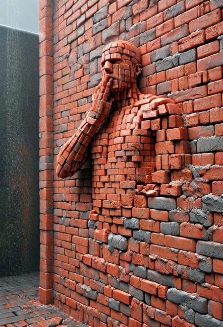 man immured in a brick wall, heavy rain, ais-brickz, 8k, F2.8, RAW Photo, ultra detailed,   <lora:Bricks_Style_SDXL:1>  <lora:xl_more_art-full_v1:0.8>, ais-brickz