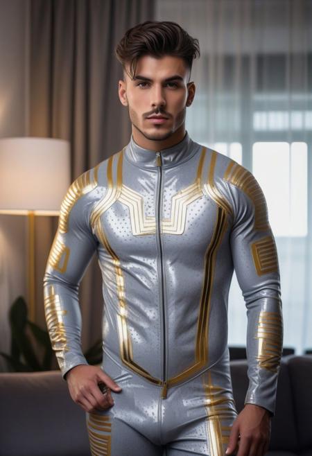 a strong 24-year-old italian hunk male, with a side fringe curtains undercut hairstyle, detailed face, mindless expression,  wearing a skin tight light-gray rubber suit with silver and gold electronics circuits patterns, wearing a light-gray rubber jockstrap, on a modern living room, standing at attention pose, full body visible, looking at viewer, portrait, photography, detailed skin, detailed rubber texture, realistic, photo-realistic, 8k, highly detailed, full length frame, High detail RAW color art, diffused soft lighting, shallow depth of field, sharp focus, hyperrealism, cinematic lighting