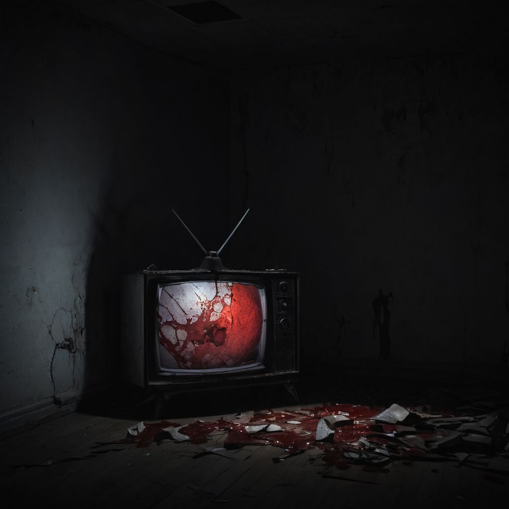 broken tv in the dark room, one spot light, blood, strange and creepy silhouette in the screen