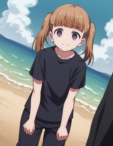 shiori kobayakawa, bangs, brown hair, twintails, purple eyes, blunt bangs, empty eyes, short sleeves, pants, black shirt, t-shirt,