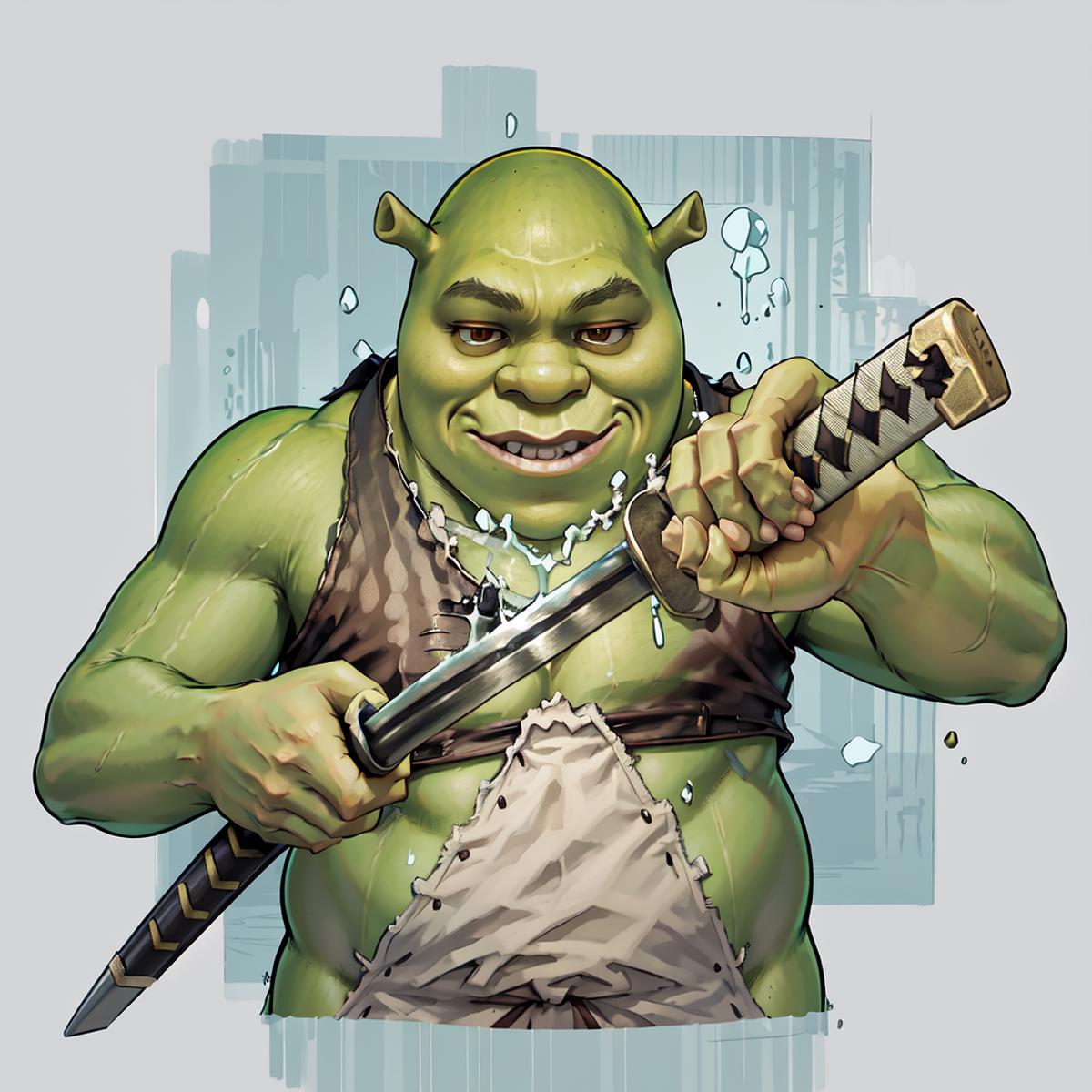 A Shirtless Shrek Holds a Sword, Smiling and Wet.