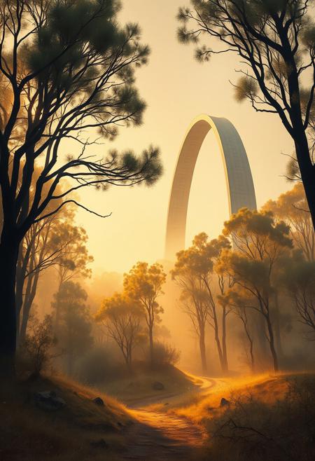 A misty eucalyptus forest, where golden light filters through trees, but in the distance stands a massive, curved steel structure, disrupting the natural serenity. impressionistic landscape with monumental geometric forms, soft painterly brushwork, warm earthy tones, misty atmospheric depth, rugged natural environment, industrial minimalism, rusted steel and organic textures, dramatic contrast between nature and structure