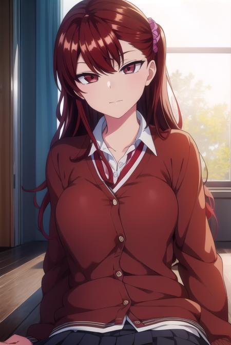 izuminogami, <lora:izuminogami-lora-nochekaiser:1>, 
izumi nogami, red hair, one side up, medium hair, scrunchie, (red eyes:1.5),
BREAK skirt, school uniform, pleated skirt, shoes, socks, cardigan, brown cardigan,
BREAK looking at viewer,
BREAK indoors, classroom,
BREAK <lora:GoodHands-vanilla:1>, (masterpiece:1.2), best quality, high resolution, unity 8k wallpaper, (illustration:0.8), (beautiful detailed eyes:1.6), extremely detailed face, perfect lighting, extremely detailed CG, (perfect hands, perfect anatomy),