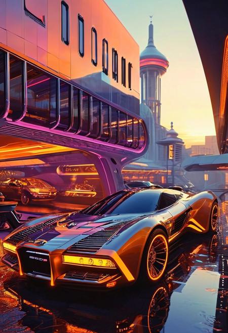 ((70's retrofutursim with Syd Mead art style)), psychedelic world 70's collide with a futuristic vision. a fusion of Vasarely art, Bertone concept vehicles, and sleek architecture, iconic art style of Syd Mead.  blend of retro aesthetics and futuristic utopia, monocoque monorail, a unique realm that is both nostalgic and visionary, futuristic flying car, Blade Runner spinner, evening violet light, sunset, fountains, glowing windows