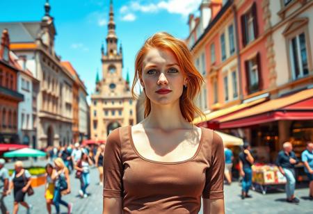 A 25-year-old woman with ginger hair and green eyes. She has light freckles on her face and wears a sheath dress with a scoop neck. The dress is knee-length. She has small breasts and a slim build. She is standing in a simple, elegant pose. The background features a bustling European city square with historic architecture, cobblestone streets, and vibrant outdoor cafes. There are tourists around, colorful market stalls, and a clear blue sky overhead, capturing the essence of sightseeing in a foreign country.