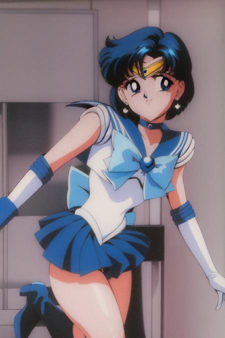 masterpiece, best quality, <lora:last sailor mercury:0.7>, 1girl, blue eyes, blue hair, earrings, gloves, leotard, pleated skirt, short hair, white gloves, miniskirt, sailor collar, choker, brooch, bowtie, bow, blue skirt, knee boots, full body, high heel boots, sailor senshi uniform, tiara, kneepits, 1990s \(style\), sailor mercury,