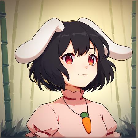 inaba tewi, pink dress, short hair, black hair, red eyes, rabbit ears, floppy ears, puffy sleeves, ribbon-trimmed sleeves, ribbon-trimmed dress, carrot necklace