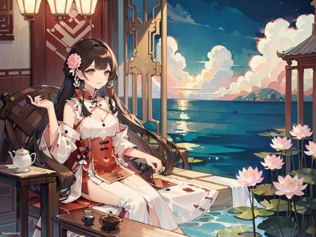 (illustration:1.8),(best quality),(masterpiece:1.5),masterpiece,png,(extremely detailed CG unity 8k wallpaper), (colorful),warm,Chinese style,(ink splashing),(color splashing),((watercolor)),1girl,qinge, <lora:qinge-000020:1>, depth of field,dramatic angle,(Ancient palace background far away:1.55),A slight light, (pink flower:1.2),chiaroscuro, ((lotus) in beautiful detailed flowing_clouds_sea:1.3), Rayleigh scattering,brown hair