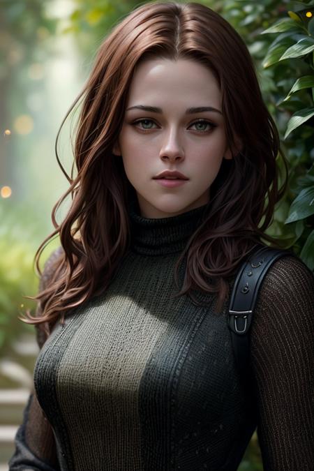 photo of extremely sexy (kr1st3nst:0.99), a woman as a sexy movie star, (((closeup portrait:1.2))), modelshoot style, (extremely detailed CG unity 8k wallpaper), photo of the most beautiful artwork in the world, professional majestic oil painting by Ed Blinkey, Atey Ghailan, Studio Ghibli, by Jeremy Mann, Greg Manchess, Antonio Moro, trending on ArtStation, trending on CGSociety, Intricate, High Detail, Sharp focus, dramatic, photorealistic painting art by midjourney and greg rutkowski, (tight long turtleneck dress:1.2), ((in a lush garden)), (high fantasy), (looking at viewer:1.2), (detailed pupils:1.3), (magic sparks:1.1), (fireflies:1.1)