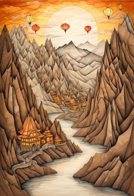 Surreal dream-like origami paper land, delicately rendered in pencil crayon and ink washes, jagged paper mountains and cliffs shifting and transforming to reveal imaginary villages lurking in the mystical folds, Spirited Away style wonderment, warm glowing lights from paper lanterns, curling paper ripples and textures, rich earthy color tones