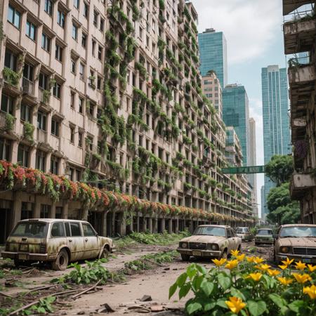 cinematic photo a (post-apocalyptic:1.2) city,a former bustling city,plants,vines crawl all over the old buildings,(colorful flowers:1.2),mid_shot,landscape,skyscraper, . 35mm photograph, film, bokeh, professional, 4k, highly detailed