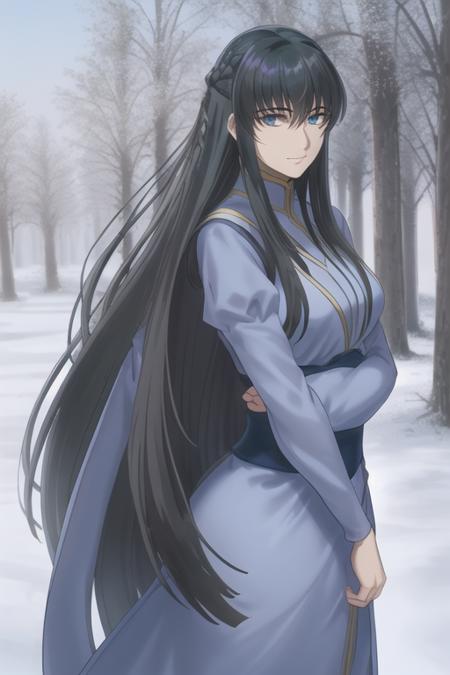 <lora:marina_ismail_lora:0.8>, marina ismail, 1girl, middle east, bare_tree, black_hair, blue_eyes, braid, breasts, day, forest, long_hair, long_sleeves, looking_at_viewer, nature, outdoors, sky, smile, snow, solo, tree, upper_body, very_long_hair, realistic, gundam 00,