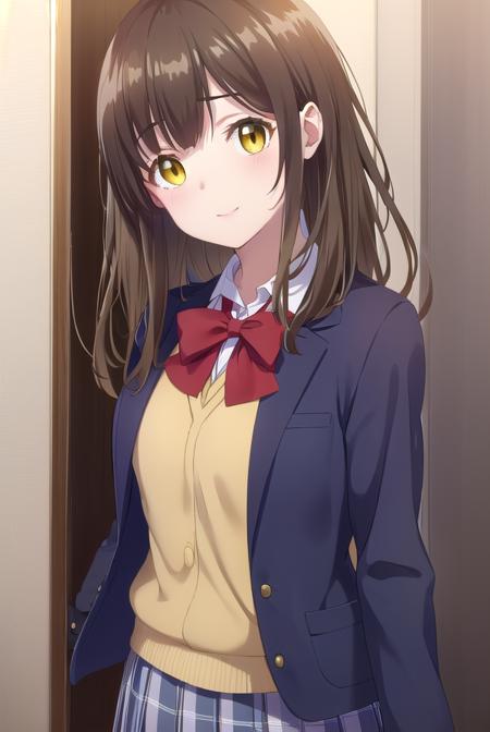 sayuogiwara, <lora:sayu ogiwara s1-lora-nochekaiser:1>,
sayu ogiwara, long hair, bangs, brown hair, (yellow eyes:1.5), smile,
BREAK skirt, shirt, long sleeves, bow, school uniform, white shirt, pleated skirt, socks, collared shirt, bowtie, red bow, sweater, plaid, plaid skirt, cardigan, black socks, red bowtie,
BREAK indoors, classroom,
BREAK looking at viewer, (cowboy shot:1.5),
BREAK <lyco:GoodHands-beta2:1>, (masterpiece:1.2), best quality, high resolution, unity 8k wallpaper, (illustration:0.8), (beautiful detailed eyes:1.6), extremely detailed face, perfect lighting, extremely detailed CG, (perfect hands, perfect anatomy),