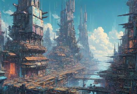 Science fiction skyscape on a foreign world, cyberpunk, inkpunk, kyotopunk, an imaginative fantastic scifi cloud city for star freighters, bright, opulent, hopeful, active starships to and from, well into the clouds