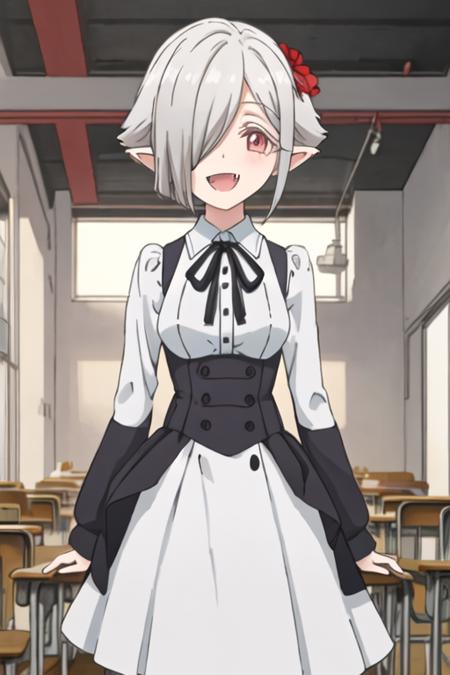 best quality, masterpiece, highres, solo, {perusepone2shi_jashinchandropkick:1.15}, short_hair, pointy_ears, hair_over_one_eye, grey_hair, red_eyes, white_hair, ribbon, smile, black_ribbon, closed_eyes, open_mouth, shirt, 1girl, fang, neck_ribbon, white_shirt, school_uniform, :d, long_sleeves, dress