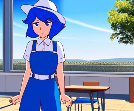 <lora:LapizLoraRMixpro-000001:.8>, 1girl, Lapiz Lazuli (character), idol pose, skindentation, beautiful woman, wearing a construction uniform,white hard hat, suspenders, blue hair, pupils, modeling, outdoors,  staff room, short hair, cowboy shot, blue skin