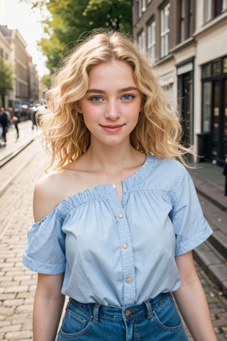 a beautiful girl, short light blonde wavy hair, above shoulder length blond curly hair, blue eyes, 1girl, standing full body, in the streets, dutch city background, amsterdamcanalhouse, wearing cotten shirt, blue jeans, loose clothing, happy, smiling, joy, 4K, RAW, best quality, (masterpiece), (ultra-detailed), (hyperrealism:1.2), extremely detailed eyes, (extremely detailed face), textured skin, (photorealistic, hyperdetailed:1.2), insane details, stunningly beautiful, pale skin, freckles, blush, detailed skin, extremely detailed, (RAW photo, best quality), (realistic, photo-realistic:1.3), best quality ,masterpiece, an extremely delicate and beautiful, extremely detailed natural lighting, summer, sun rays, ethereal golden hour, film grain, (bokeh:1.3), Porta 160 color, shot on ARRI ALEXA 65, sharp focus on subject, Fujifilm XT-3, <lora:picxer_real:0.8>