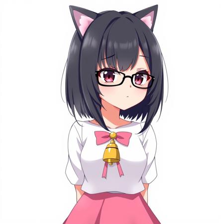 Black hair,  short woman, fringe hairstyle, bob hairstyle, anime, black glasses, pink bow, cat ears, yellow bell necklace with pink ribbon,  white dress, pink dress, short skirt, flared skirt