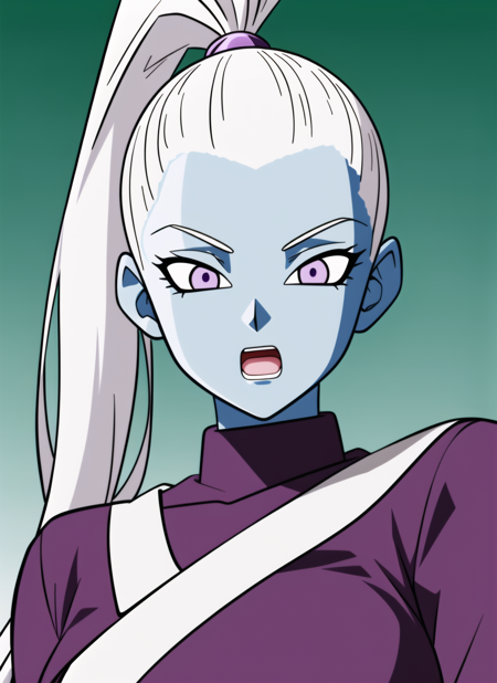 dbsuper style, 
solo, blue skin, 1girl, colored skin, purple eyes, white hair, open mouth, long hair, ponytail, hair pulled back, high ponytail, purple background, upper body
, ((masterpiece)) 
<lora:dbsuper_style_offset:1>