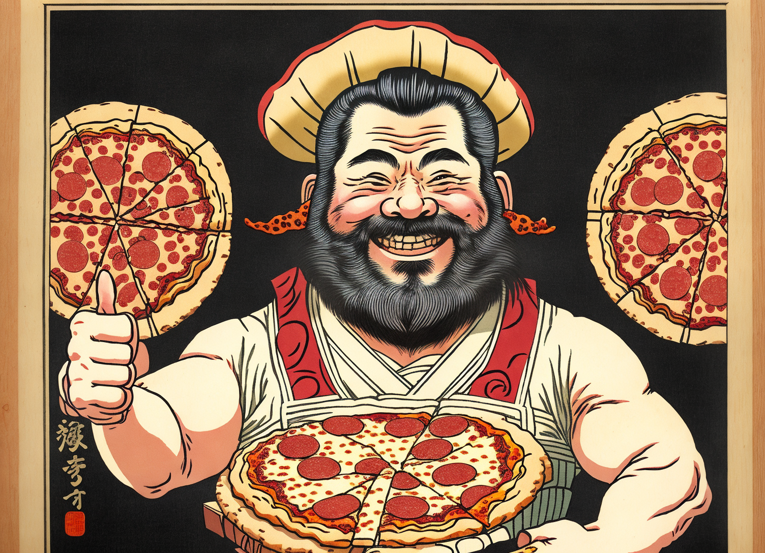 japanese traditional woodblock painting of the (extreme dwarf holding a pepperoni pizza and giving a thumbs up with a smile)