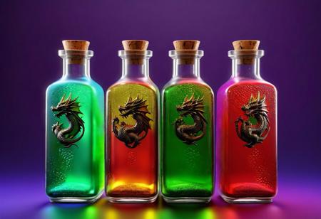 POV, frontal light, Hyper-realistic, detailed, dragon style, flat texture, game item, fantasy style, threesome bottles, multiple-colored magic potion in matted glass bottle, centered, side view, diffuse texture, simple colored background