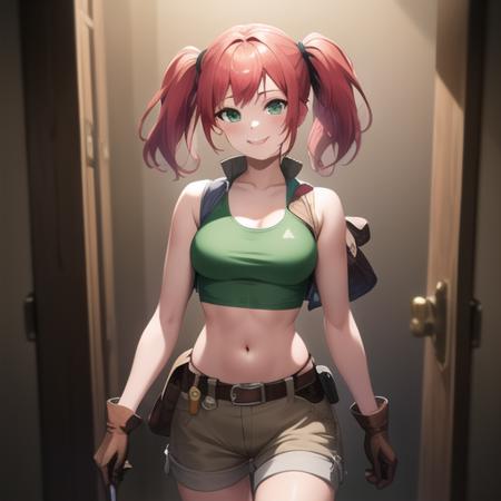 (masterpiece, best quality:1.2),illustration,medium breasts,8k,hd,1girl,solo,cowboy shot,twintails,brown shorts,midriff,navel,crop top,smile,belt,short shorts,tank top,green eyes,pink hair,vest,gloves,green shirt,knee pads,pouch,boots,brown footwear,open clothes,<lora:Nadia Cassel:0.8>,