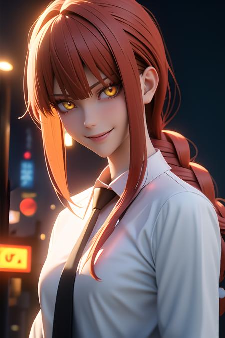 i want the whole image to be created in 3D anime style, 1girl, solo, long hair, looking at viewer, smile, bangs, shirt, long sleeves, jacket, yellow eyes, white shirt, upper body, braid, sidelocks, red hair, necktie, collared shirt, nail polish, black jacket, orange eyes, glowing, formal, suit, black nails, glowing eyes, black necktie, braided ponytail, ringed eyes, business suit, makima (chainsaw man)