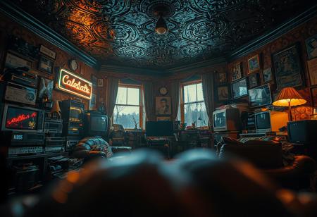 Nostalgic vintage-themed decor. Photo shot on a Hasselblad H6D-100c, soft exposure, balanced contrast, ISO 100. HC 50mm f/3.5 lens. Dynamic variable-angle shot with layered foreground elements. Moody atmosphere with vibrant lighting and deep contrasting shadows.
A cluttered living space filled with vintage technology, cassette tapes, VHS players, and CRT monitors. Weathered leather furniture sits against richly painted walls, surrounded by nostalgic memorabilia.
Moonlight filters through full-length windows, blending with the glow of a flickering neon sign and a warm desk lamp. The dark embossed ceiling absorbs the light, adding depth and texture. A blurred foreground enhances immersion, drawing focus to the layered elements.
Shot from a dynamic angle, the interplay of moonlight and artificial glow enhances the dramatic yet intimate feel, evoking a timeless atmosphere.