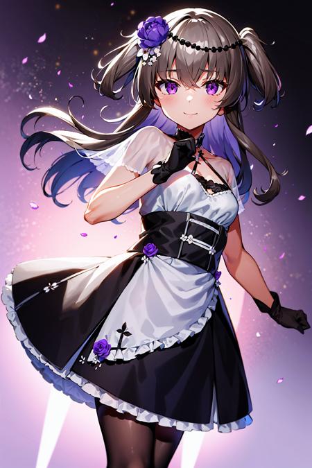 himari small tits, two side up hair,long hair,grey hair,bangs,brown hair, one purple flower ornament, white flowers ornament, Black bead hair ornament,purple String decoration, white pantyhose, black dress,frill,black high-heeled shoes,short sleeves,see-through shawl,black gloves,