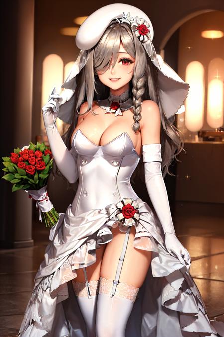 (masterpiece, best quality:1.2), solo, 1girl, g36cwedding, smile, looking at viewer, holding flowers, hair over one eye, bridal veil, wedding dress, strapless, elbow gloves <lora:gfl_g36c:1.0>