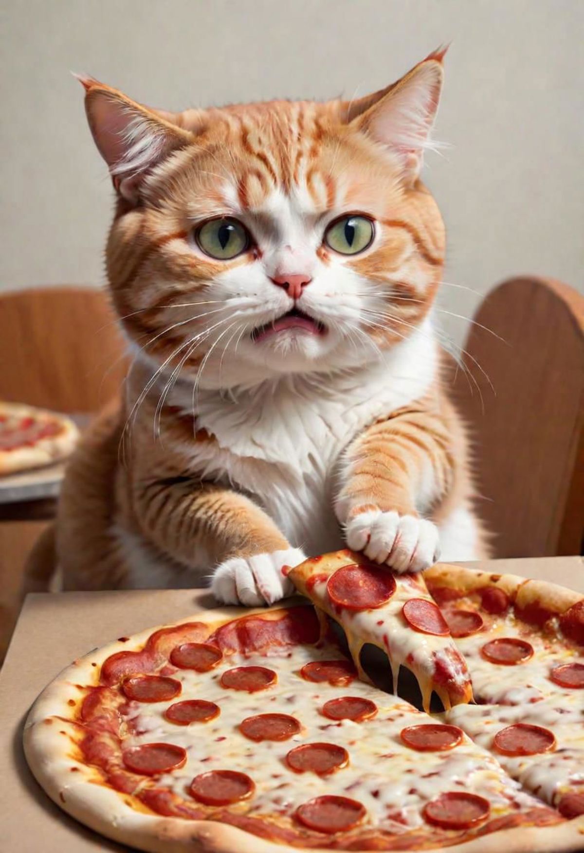 A cat with a pizza in front of it.