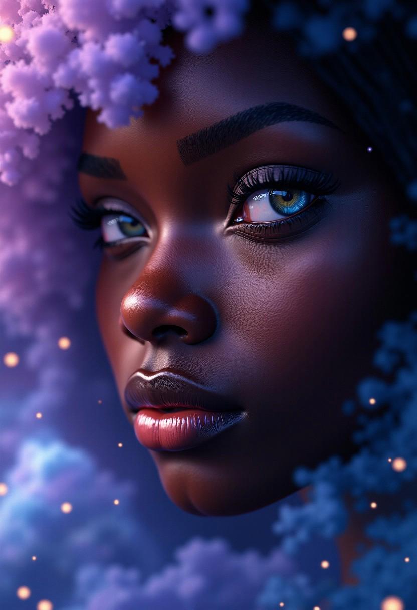 CGI Render, A stunning hyperrealistic photograph of a gorgeous black woman with heterochromia, featuring one captivating blue eye and one mesmerizing amber eye. Her gaze pierces through the cosmic-themed background, which is a swirling blend of nebula colors: deep purples, blues, and hints of yellow. The overall effect creates an otherworldly atmosphere, as if the woman is a celestial being or a cosmic force come to life.