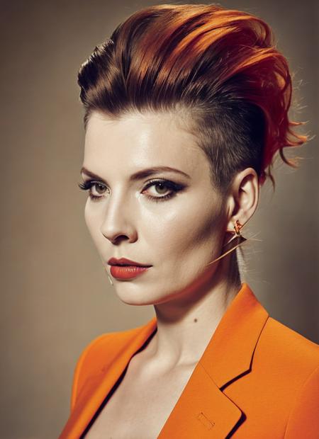 analog style, modelshoot style, portrait of sks woman by Flora Borsi, style by Flora Borsi, bold, bright colours, orange Mohawk haircut, ((Flora Borsi)), <lora:locon_olgaskabeeva_v1_from_v1_64_32:1.25>