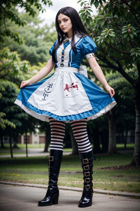 (masterpiece, highres, best quality:1.2)
 <lora:AliceMadness:0.8>
AliceMadness, 1girl, solo, long hair, black hair, dress, full body, pantyhose, boots, striped, apron, blood, striped pantyhose, belt boots, twisted wonderland