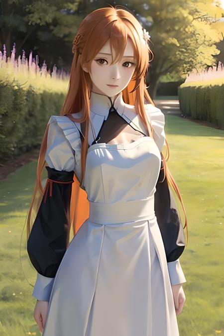 ((masterpiece)), ((best quality)), (slender_body:1.1), (wide_hips:1.2), (narrow_waist:1.2),
Asuna Yuuki, 1girl, long hair, outdoors, orange hair, long hair, realistic, ultra realistic, hyper realistic, real life, highly detailed, focused,
Maid Dress, Maid, Full dress, full sleeve, cute face, close up, focused on face, portraits, blurred background, detailed hair
<lora:Asuna Yuuki 2:0.5>